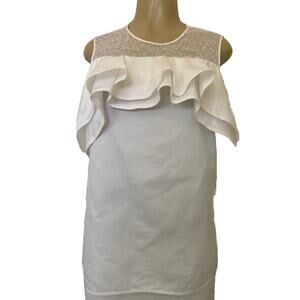 Jason Wu Top Blouse Ruffled Front Mesh Cotton White Ivory Sleeveless Zip…